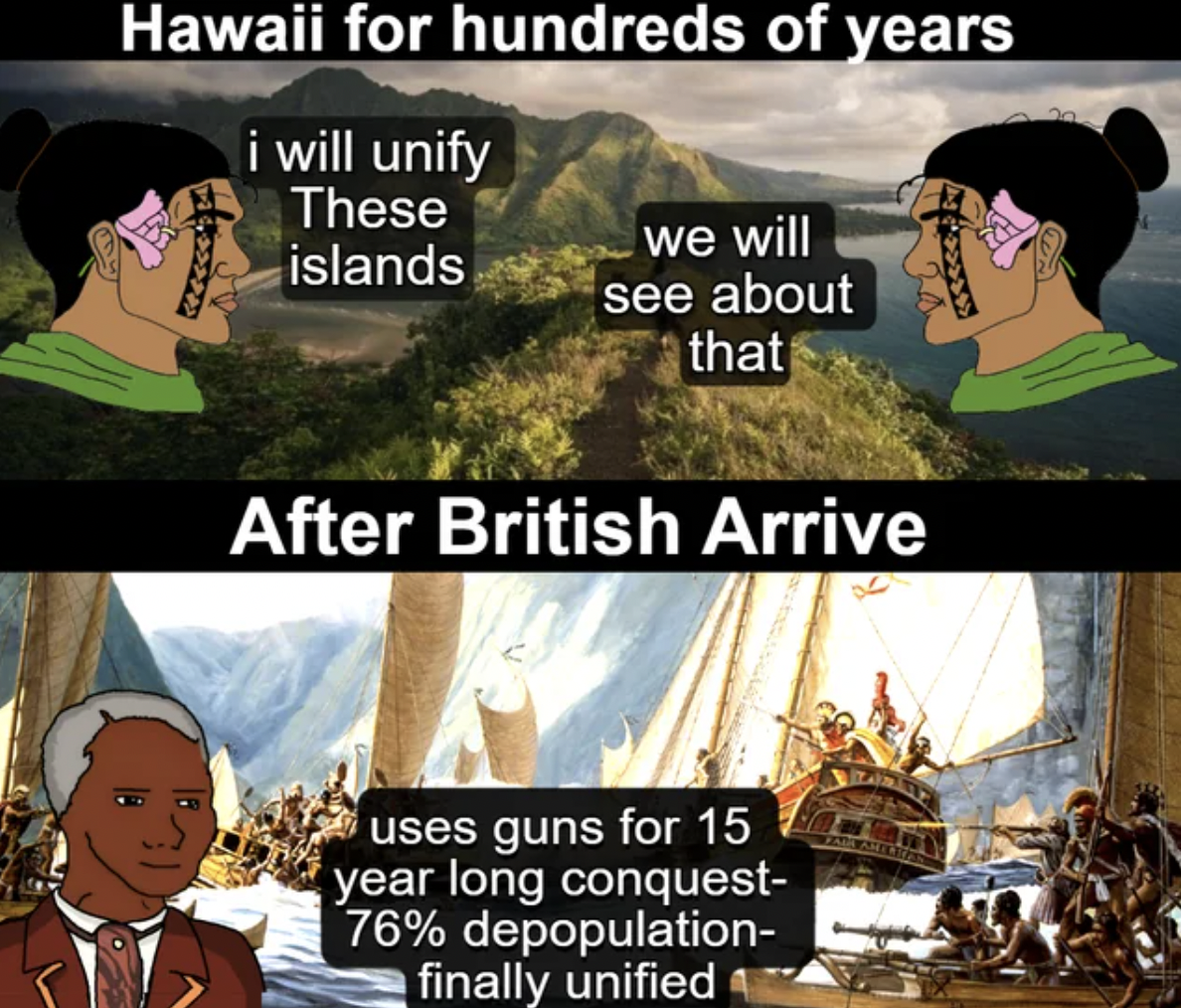 cartoon - Hawaii for hundreds of years i will unify These islands we will see about that After British Arrive uses guns for 15 year long conquest 76% depopulation finally unified