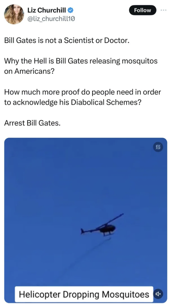 sky - Liz Churchill Bill Gates is not a Scientist or Doctor. Why the Hell is Bill Gates releasing mosquitos on Americans? How much more proof do people need in order to acknowledge his Diabolical Schemes? Arrest Bill Gates. Helicopter Dropping Mosquitoes