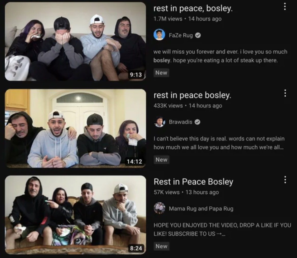 presentation - 12 rest in peace, bosley. 1.7M views 14 hours ago FaZe Rug we will miss you forever and ever. i love you so much bosley, hope you're eating a lot of steak up there. New rest in peace bosley. views 14 hours ago New Brawadis I can't believe t