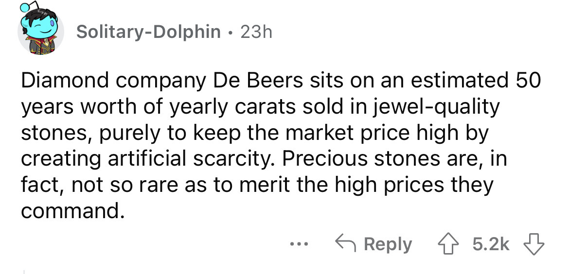 angle - SolitaryDolphin 23h Diamond company De Beers sits on an estimated 50 years worth of yearly carats sold in jewelquality stones, purely to keep the market price high by creating artificial scarcity. Precious stones are, in fact, not so rare as to me