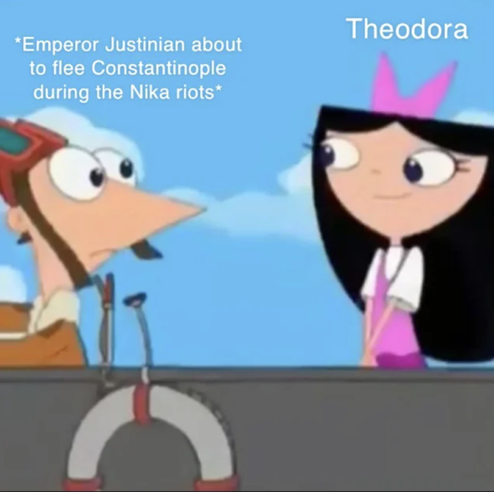 cartoon - Emperor Justinian about to flee Constantinople during the Nika riots C Theodora