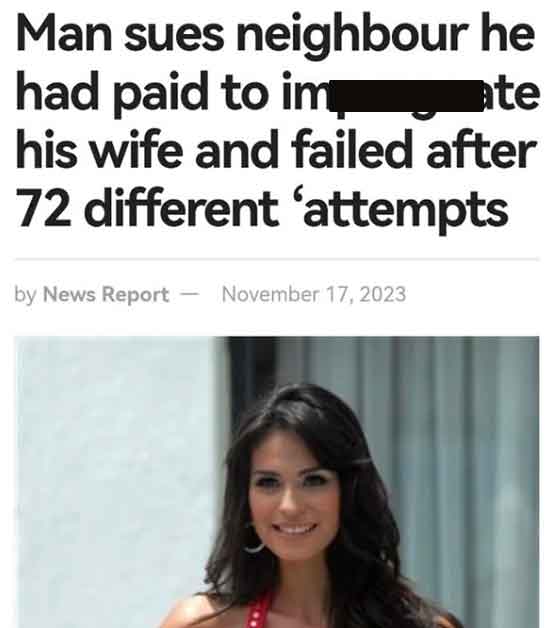 photo caption - Man sues neighbour he had paid to imate his wife and failed after 72 different 'attempts by News Report