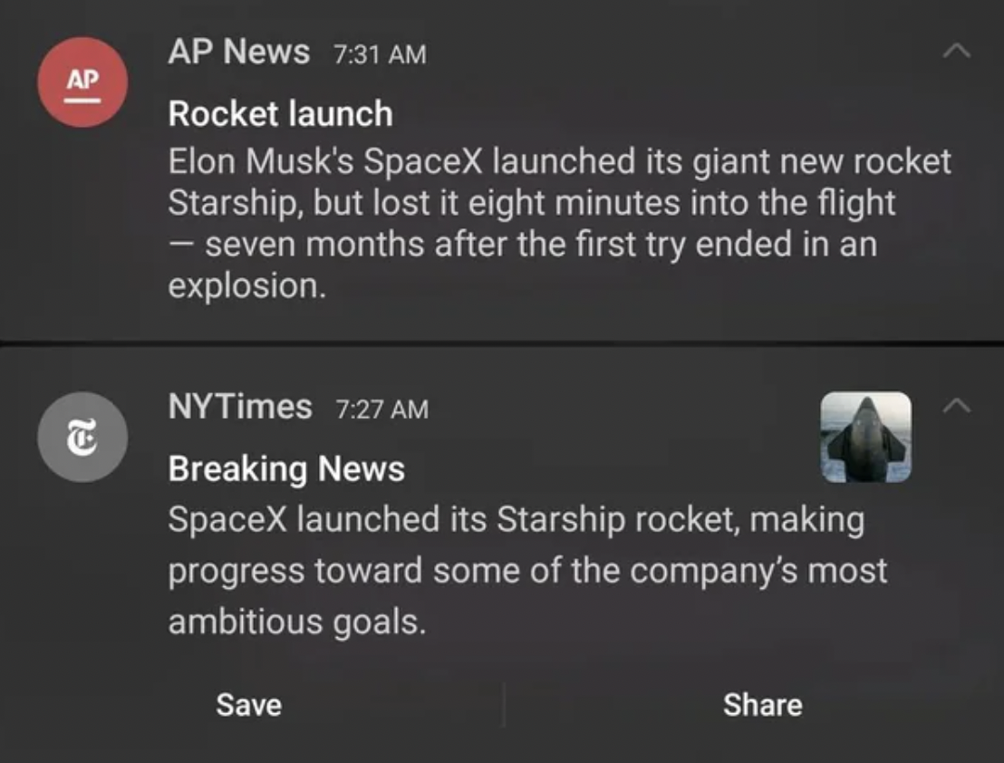 screenshot - Ap Ap News Rocket launch Elon Musk's SpaceX launched its giant new rocket Starship, but lost it eight minutes into the flight seven months after the first try ended in an explosion. NYTimes Breaking News SpaceX launched its Starship rocket, m