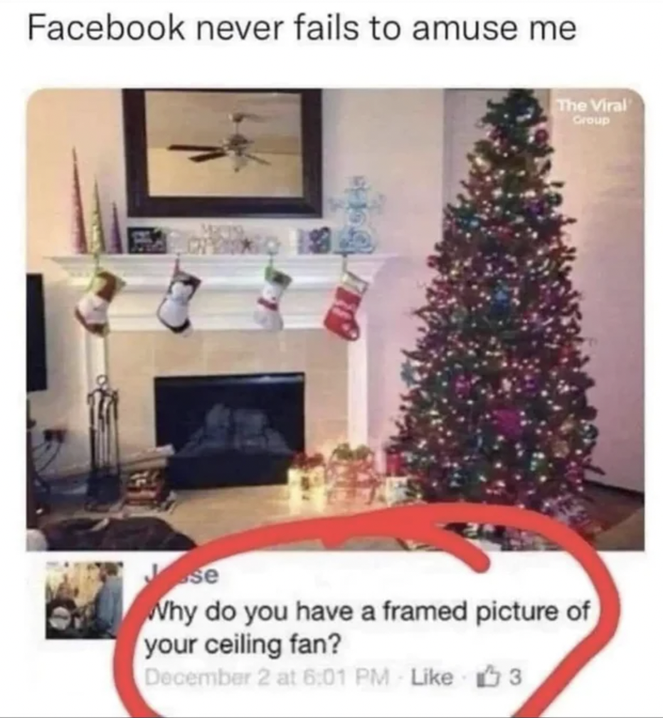 cheistmas decoration meme - Facebook never fails to amuse me The Viral Group se Why do you have a framed picture of your ceiling fan? December 2 at 3