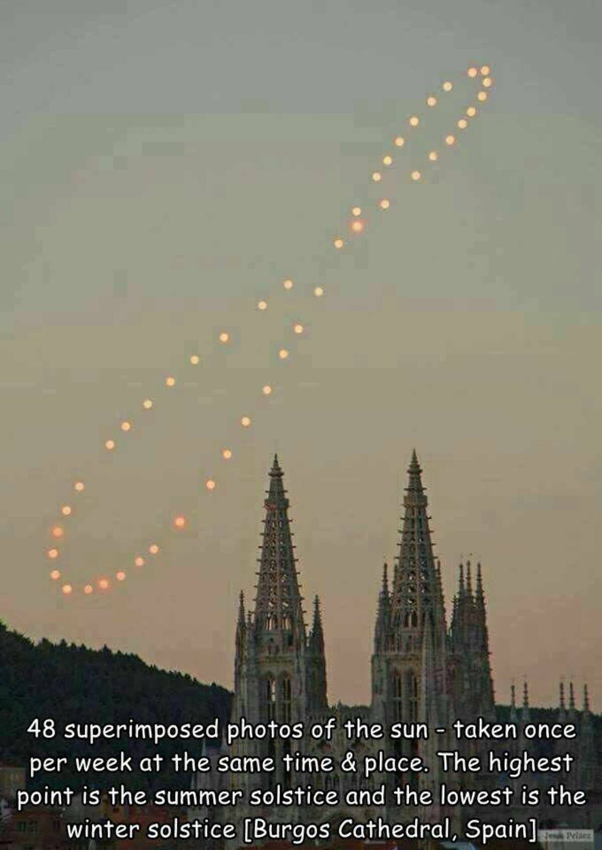 mak 48 superimposed photos of the sun taken once per week at the same time & place. The highest point is the summer solstice and the lowest is the winter solstice Burgos Cathedral, Spain Pelaez