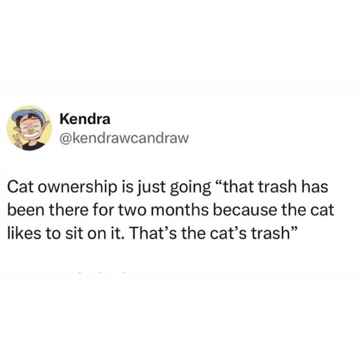 Kendra Cat ownership is just going "that trash has been there for two months because the cat to sit on it. That's the cat's trash"