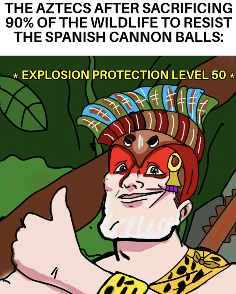 cartoon - The Aztecs After Sacrificing 90% Of The Wildlife To Resist The Spanish Cannon Balls Explosion Protection Level 50 A