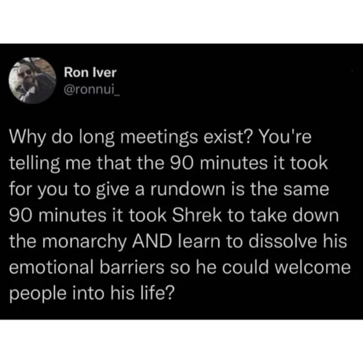 90 minute meeting meme - Ron Iver Why do long meetings exist? You're telling me that the 90 minutes it took for you to give a rundown is the same 90 minutes it took Shrek to take down the monarchy And learn to dissolve his emotional barriers so he could w