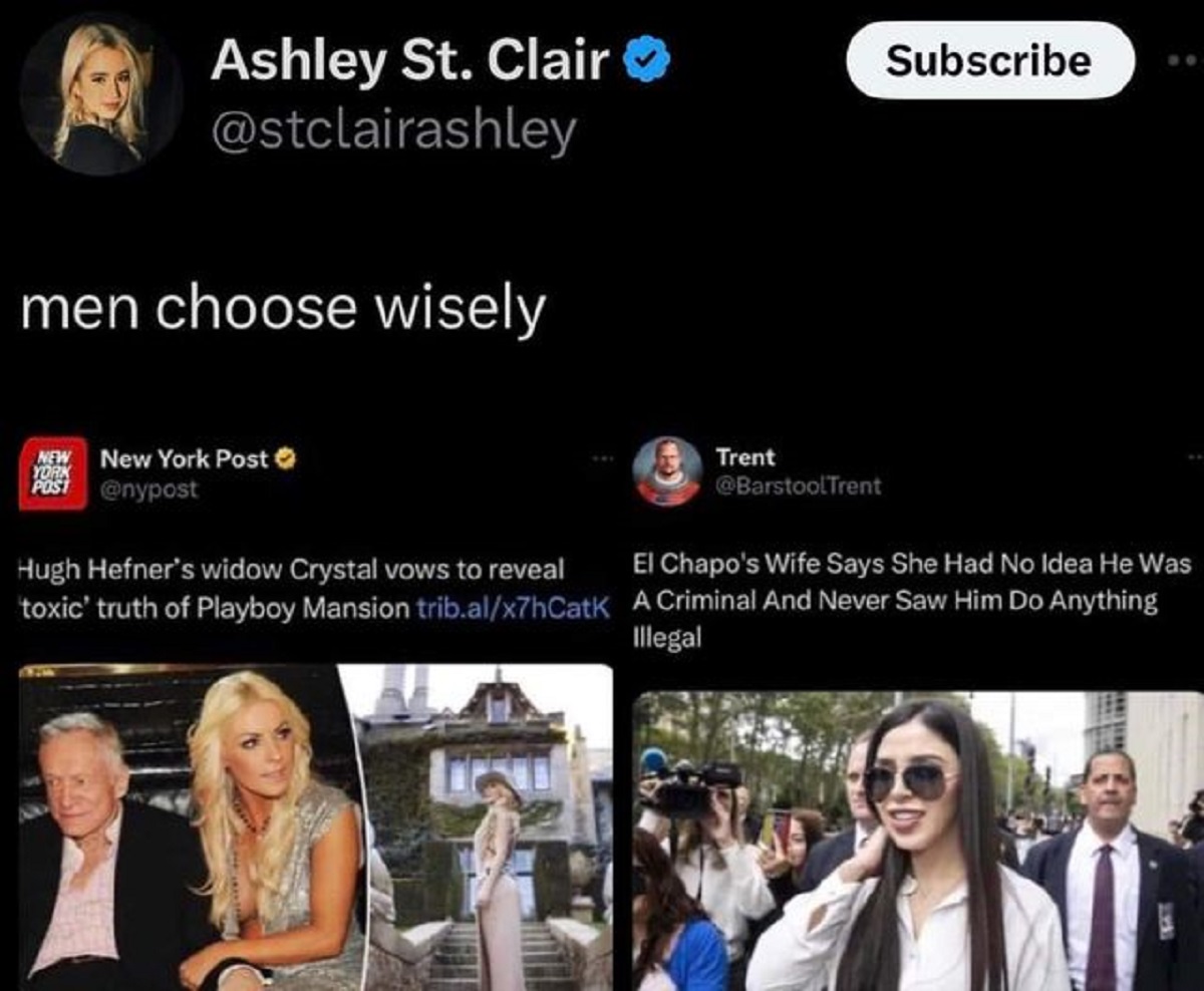 presentation - Ashley St. Clair men choose wisely New New York Post York Post Hugh Hefner's widow Crystal vows to reveal toxic' truth of Playboy Mansion trib.alx7hCatk Trent Subscribe El Chapo's Wife Says She Had No Idea He Was A Criminal And Never Saw Hi