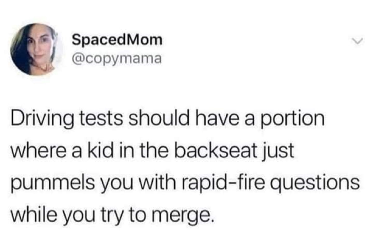 farmer john cheese meme - SpacedMom Driving tests should have a portion where a kid in the backseat just pummels you with rapidfire questions while you try to merge.
