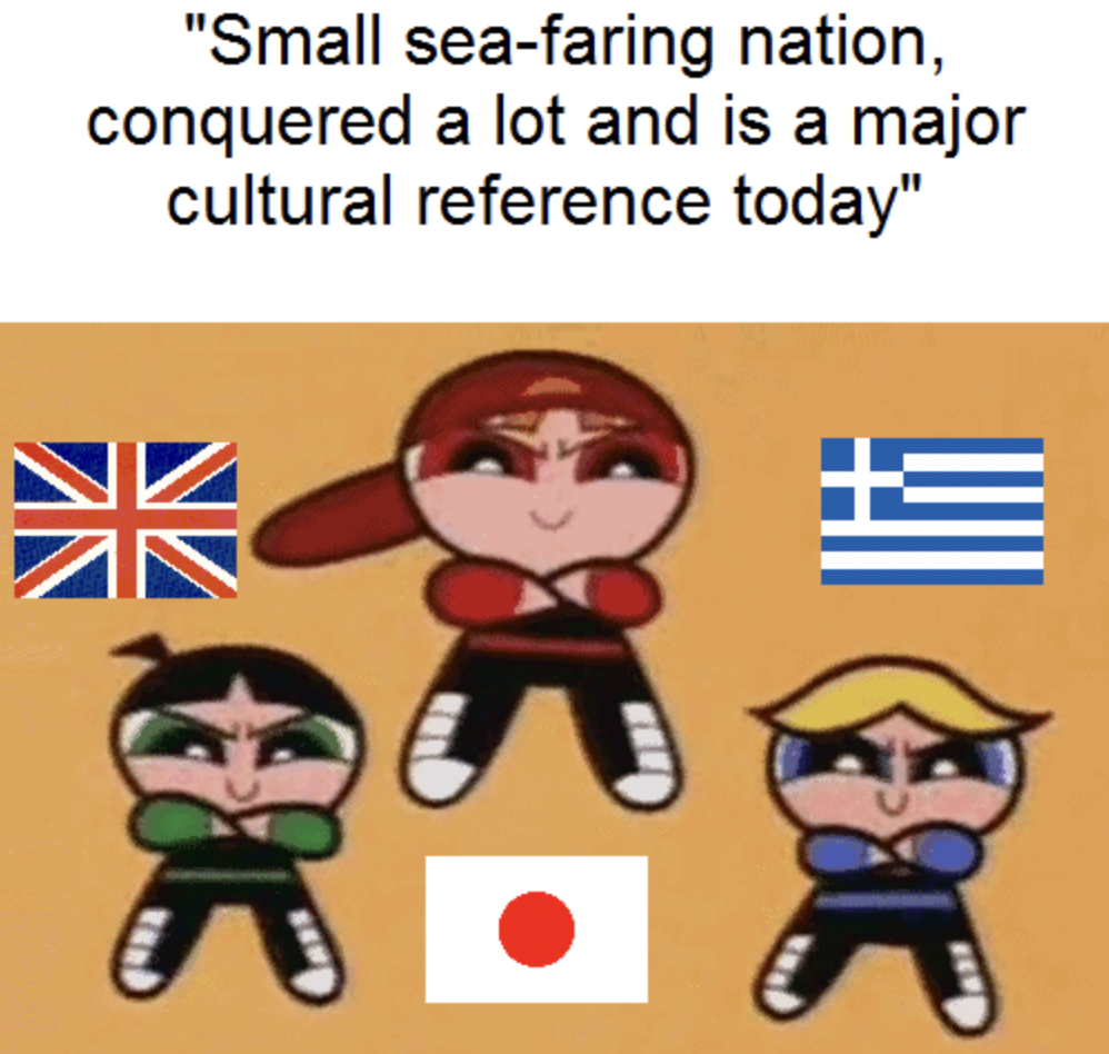 cartoon - "Small seafaring nation, conquered a lot and is a major cultural reference today"