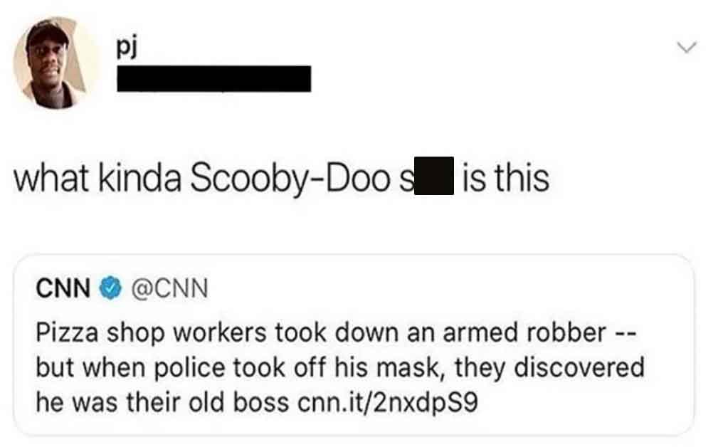 paper - pj what kinda ScoobyDoo s is this Cnn Pizza shop workers took down an armed robber but when police took off his mask, they discovered he was their old boss cnn.it2nxdpS9