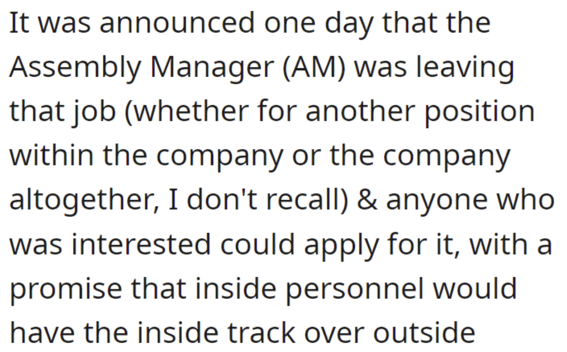 handwriting - It was announced one day that the Assembly Manager Am was leaving that job whether for another position within the company or the company altogether, I don't recall & anyone who was interested could apply for it, with a promise that inside p