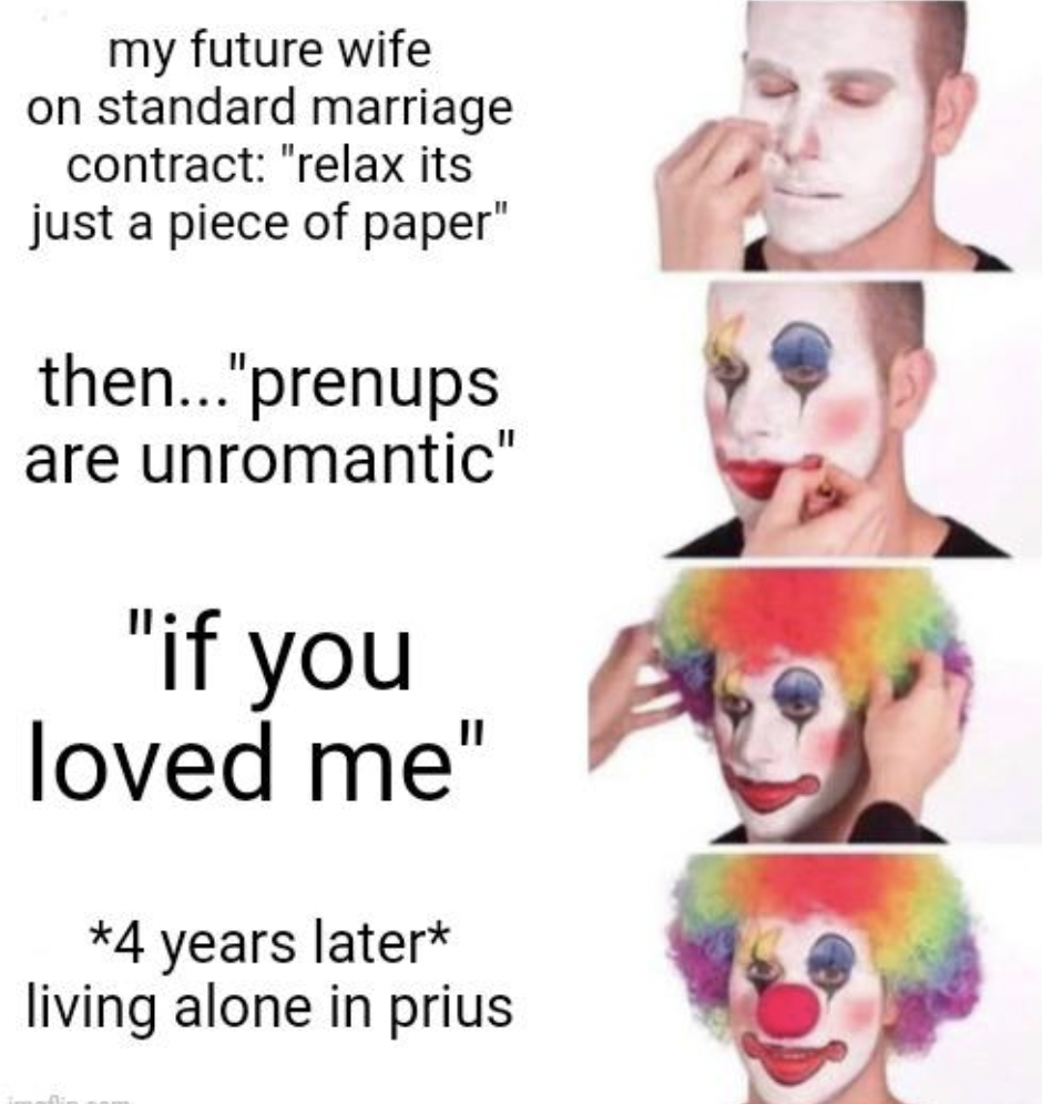 furry clown meme - my future wife on standard marriage contract "relax its just a piece of paper" then..."prenups are unromantic" "if you loved me" 4 years later living alone in prius