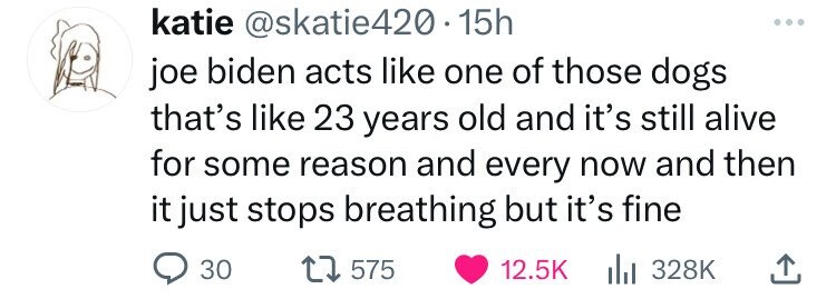 paper - katie .15h joe biden acts one of those dogs that's 23 years old and it's still alive for some reason and every now and then it just stops breathing but it's fine 30 1575
