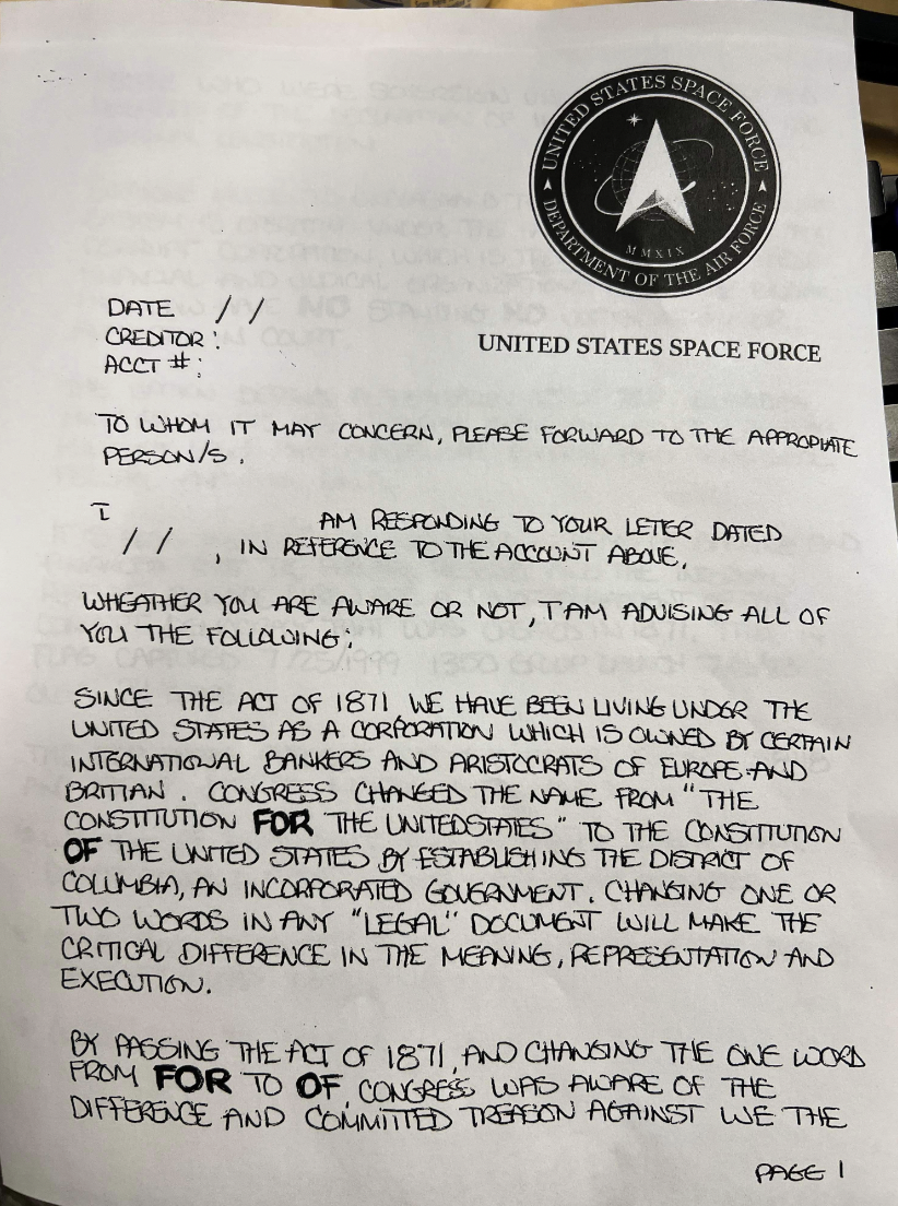document - Date Creditor Acct # United States Space Age Force Department Of The Air Force Malis United States Space Force To Whom It May Concern, Please Forward To The Appropiate PersonS I Am Reponding To Your Letter Dated In Reference To The Account Abov