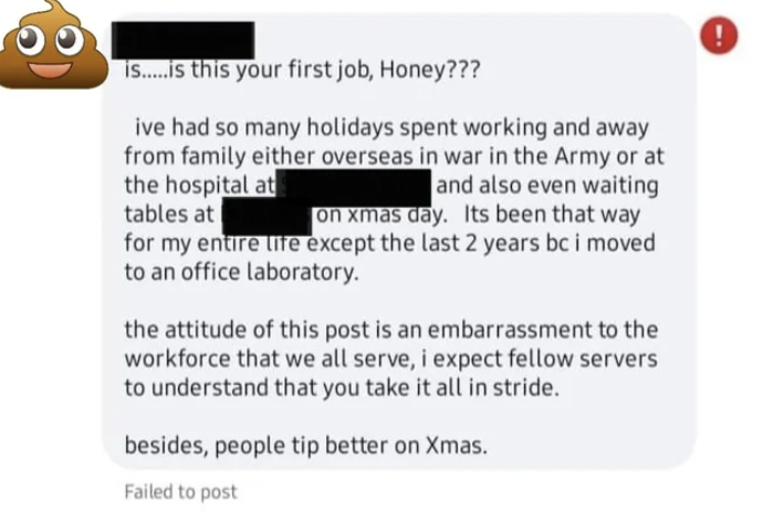 paper - is.....is this your first job, Honey??? ive had so many holidays spent working and away from family either overseas in war in the Army or at the hospital at and also even waiting tables at on xmas day. Its been that way for my entire life except t