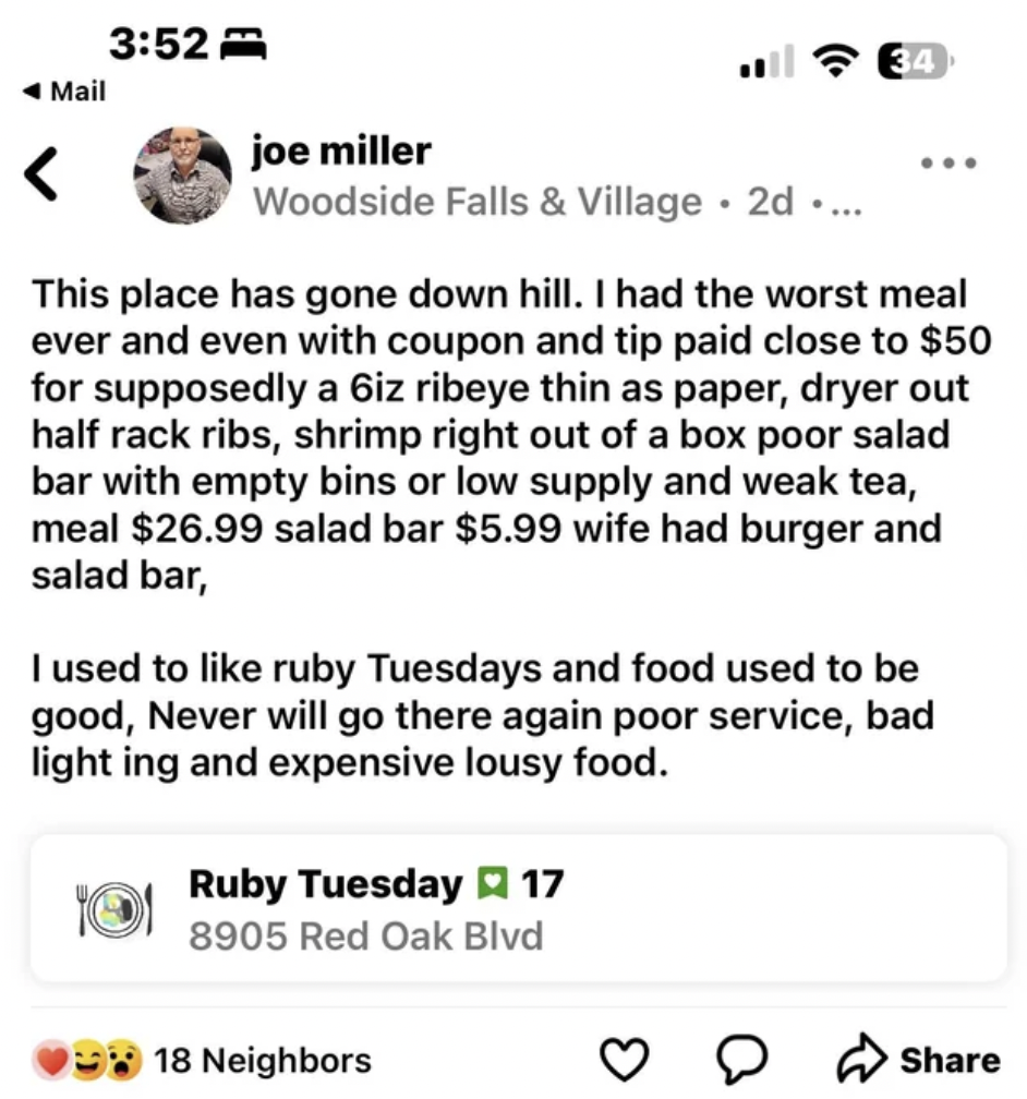 document - Mail joe miller Woodside Falls & Village . 2d ... This place has gone down hill. I had the worst meal ever and even with coupon and tip paid close to $50 for supposedly a 6iz ribeye thin as paper, dryer out half rack ribs, shrimp right out of a