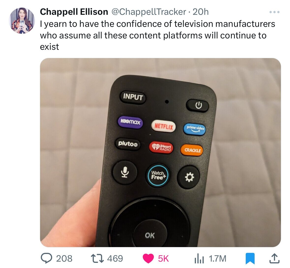 electronics - Chappell Ellison 20h I yearn to have the confidence of television manufacturers who assume all these content platforms will continue to exist 208 Input HBOmax plutoo t 469 Netflix Ok Radio Watch Free 5K G prime video Crackle 1.7M