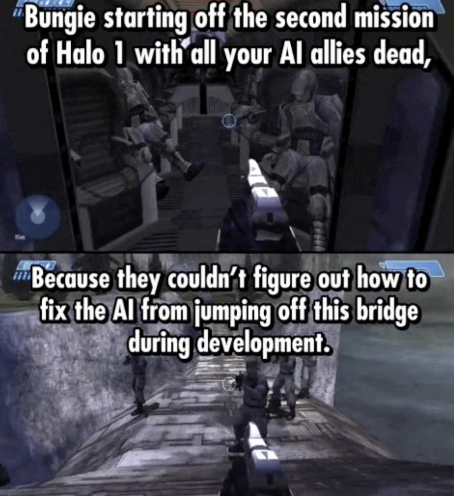 pc game - "Bungie starting off the second mission of Halo 1 with all your Al allies dead, Ehh Because they couldn't figure out how to fix the Al from jumping off this bridge during development.