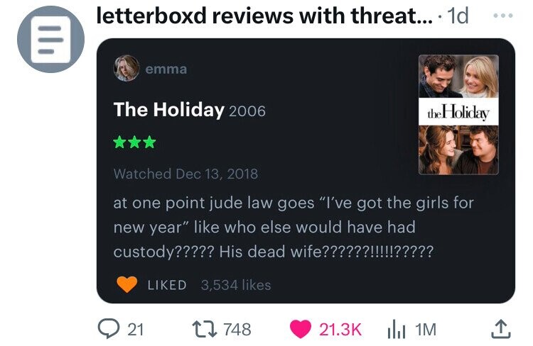 multimedia - ll letterboxd reviews with threat... . 1d emma The Holiday 2006 Watched at one point jude law goes "I've got the girls for new year" who else would have had custody????? His dead wife??????!!!!!????? d 3,534 21 the Holiday 1748 1M