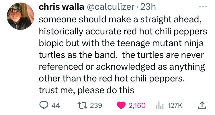 angle - chris walla 23h someone should make a straight ahead, historically accurate red hot chili peppers biopic but with the teenage mutant ninja turtles as the band. the turtles are never referenced or acknowledged as anything other than the red hot chi