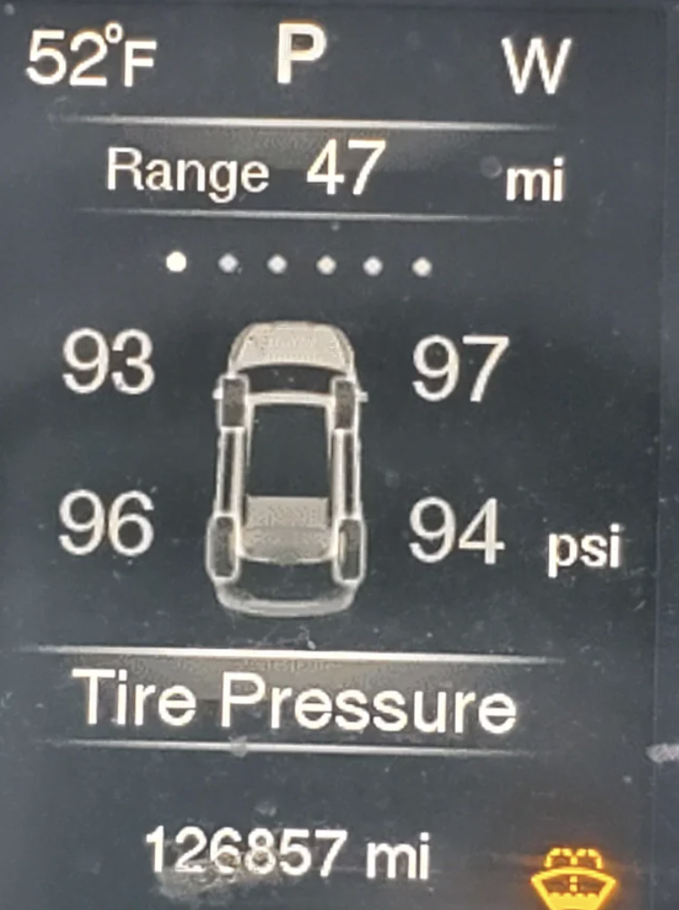 tire pressure meme - 52F P W Range 47 mi 93 96 97 94 psi Tire Pressure 126857 mi