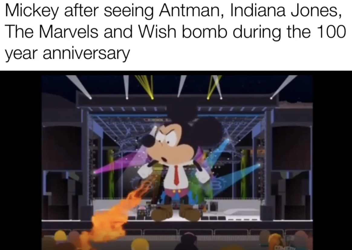 cartoon - Mickey after seeing Antman, Indiana Jones, The Marvels and Wish bomb during the 100 year anniversary La