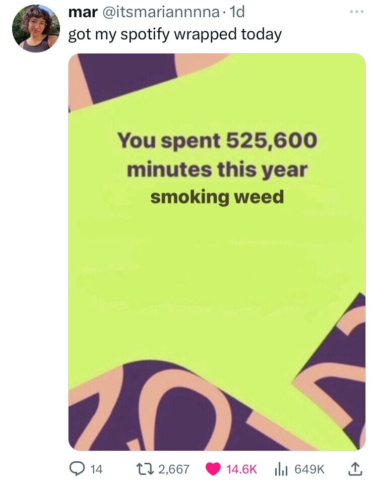 communication - mar . 1d got my spotify wrapped today 14 You spent 525,600 minutes this year smoking weed 12,667 ...