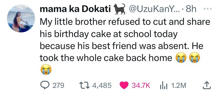 icon - mama ka Dokati .... 8h My little brother refused to cut and his birthday cake at school today because his best friend was absent. He took the whole cake back home 279 4,485 1.2M