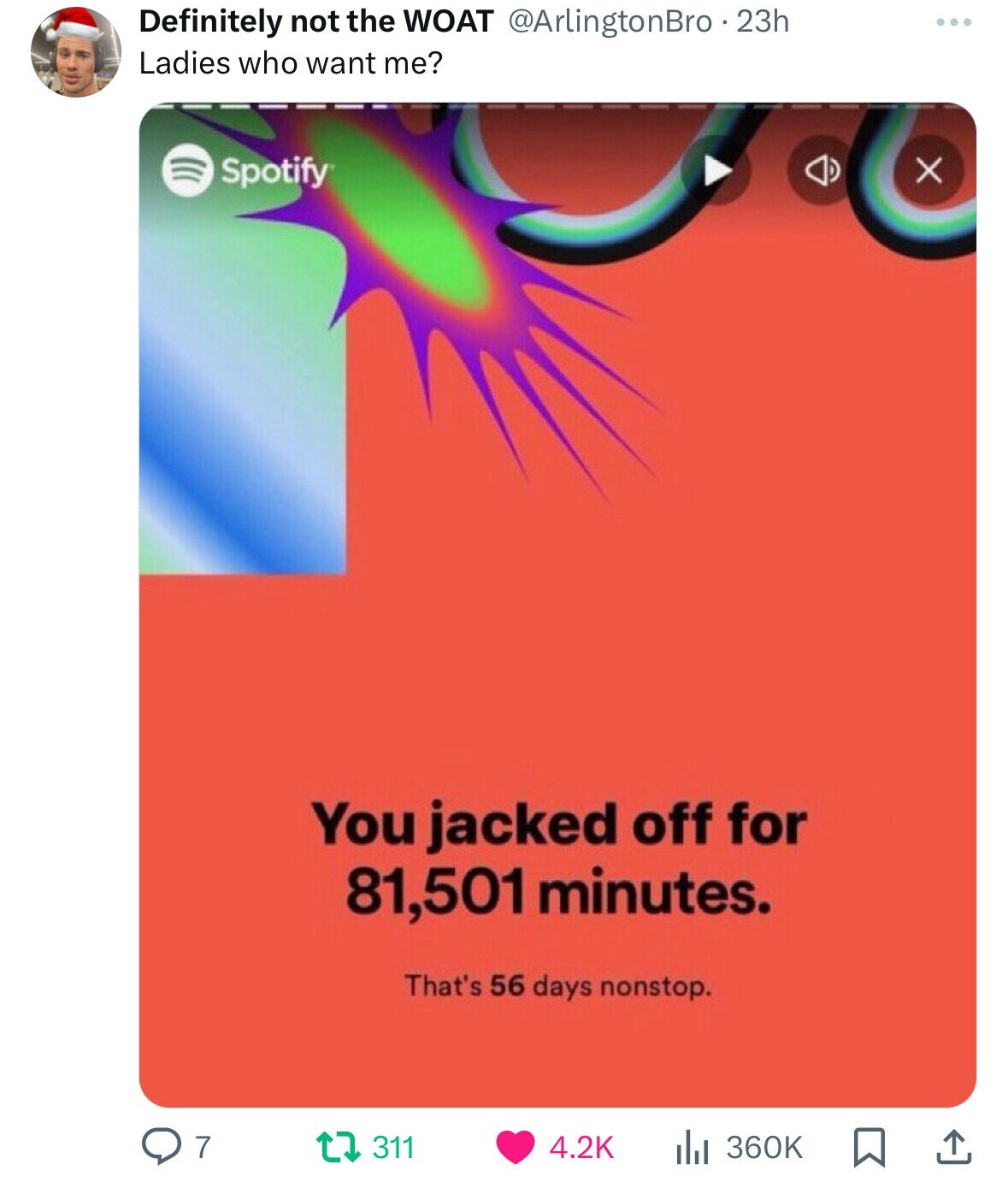 graphic design - Definitely not the Woat 23h Ladies who want me? Q7 Spotify You jacked off for 81,501 minutes. That's 56 days nonstop. 311 X 1