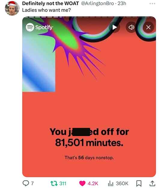 graphic design - Definitely not the Woat 23h Ladies who want me? 7 Spotify You jed off for 81,501 minutes. That's 56 days nonstop. 12 311 www X 1