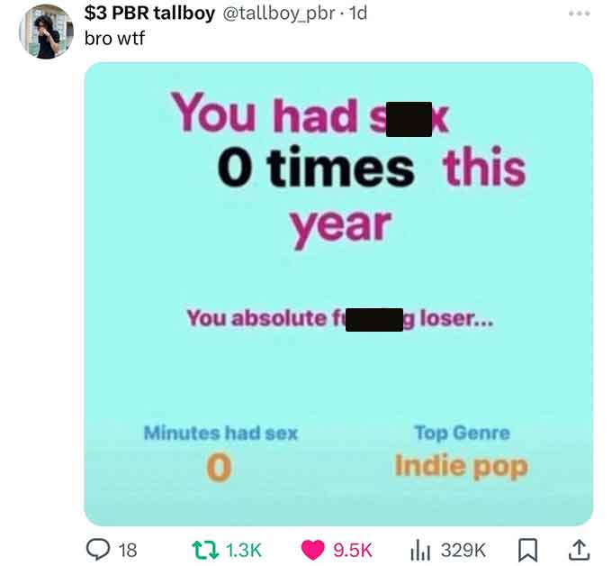 spotify wrapped you had sex zero times - $3 Pbr tallboy . 1d bro wtf 18 You had K O times this year You absolute f Minutes had sex 0 1 g loser... Top Genre Indie pop 1