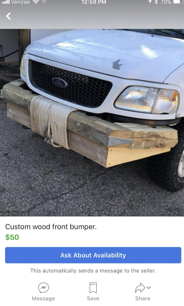bumper - all Verizon Custom wood front bumper. $50 Ask About Availability This automatically sends a message to the seller. Message Save 70%