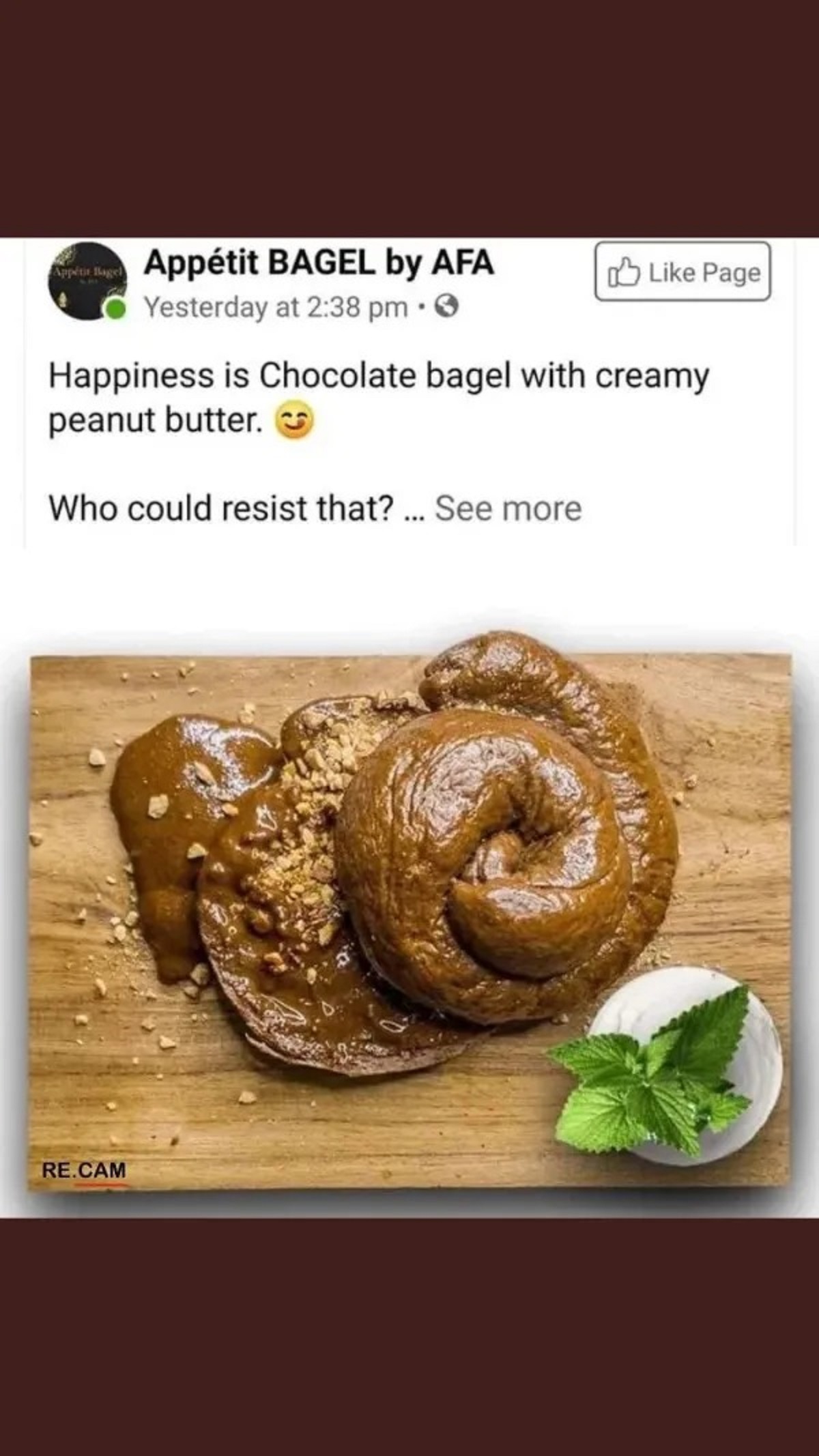 recipe - Apptit Bagel Apptit Bagel by Afa Yesterday at . Re.Cam Page Happiness is Chocolate bagel with creamy peanut butter. Who could resist that?... See more