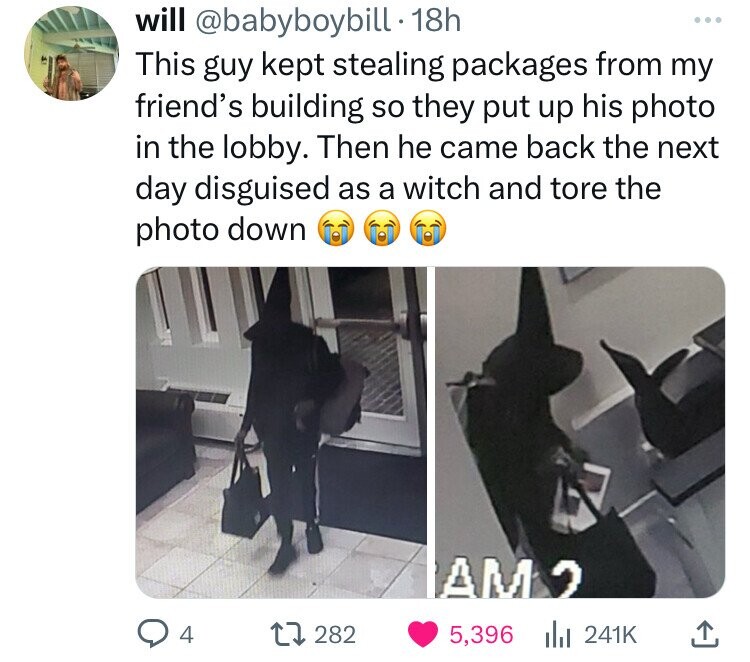 photo caption - will . 18h This guy kept stealing packages from my friend's building so they put up his photo in the lobby. Then he came back the next day disguised as a witch and tore the photo down 4 1282 Am 2 5,396 ,