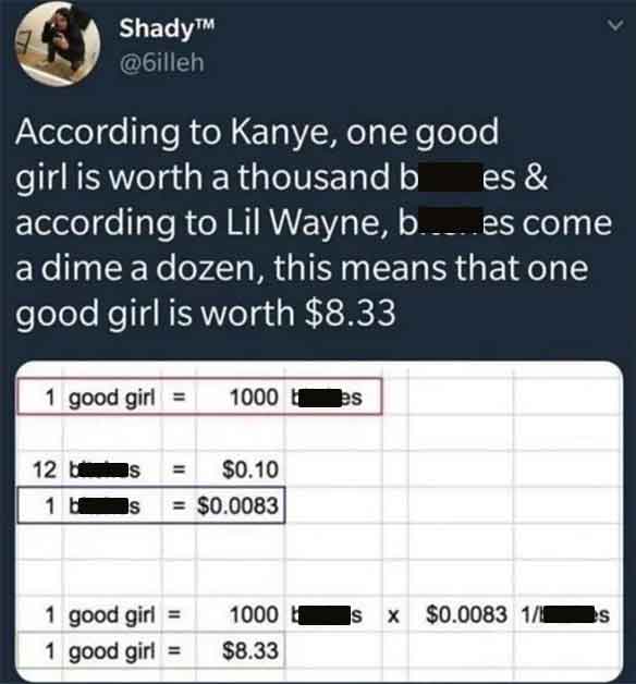 1 good girl is worth a thousand - Shady According to Kanye, one good. girl is worth a thousand b es & according to Lil Wayne, b...es come a dime a dozen, this means that one good girl is worth $8.33 1 good girl 1000 12 b s $0.10 1 b $0.0083 S 1 good girl