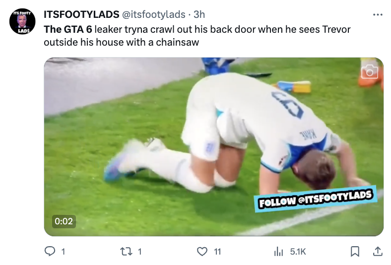 grass - Its Pooty Itsfootylads . 3h The Gta 6 leaker tryna crawl out his back door when he sees Trevor outside his house with a chainsaw 1 22 1 11 Ceo