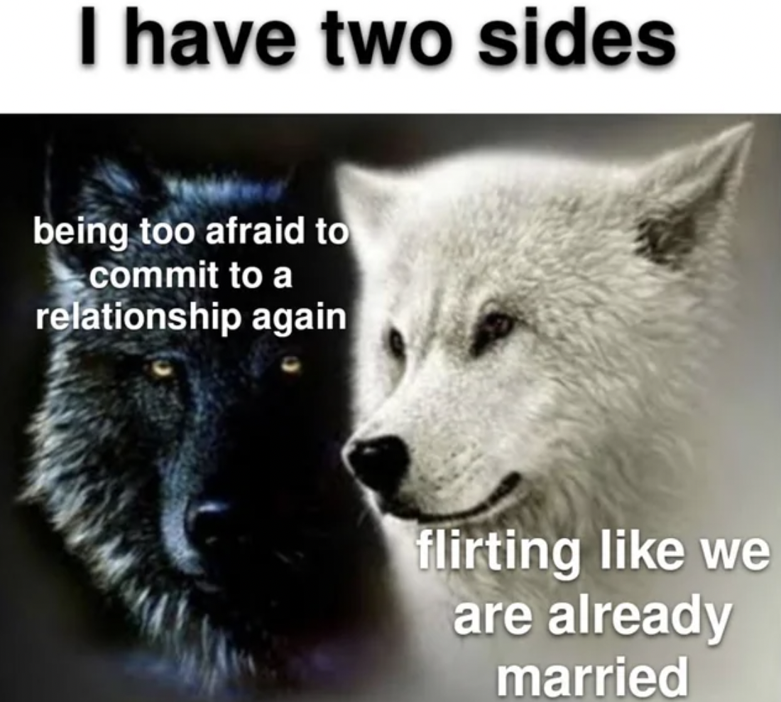 wolf inside - I have two sides being too afraid to commit to a relationship again flirting we are already married