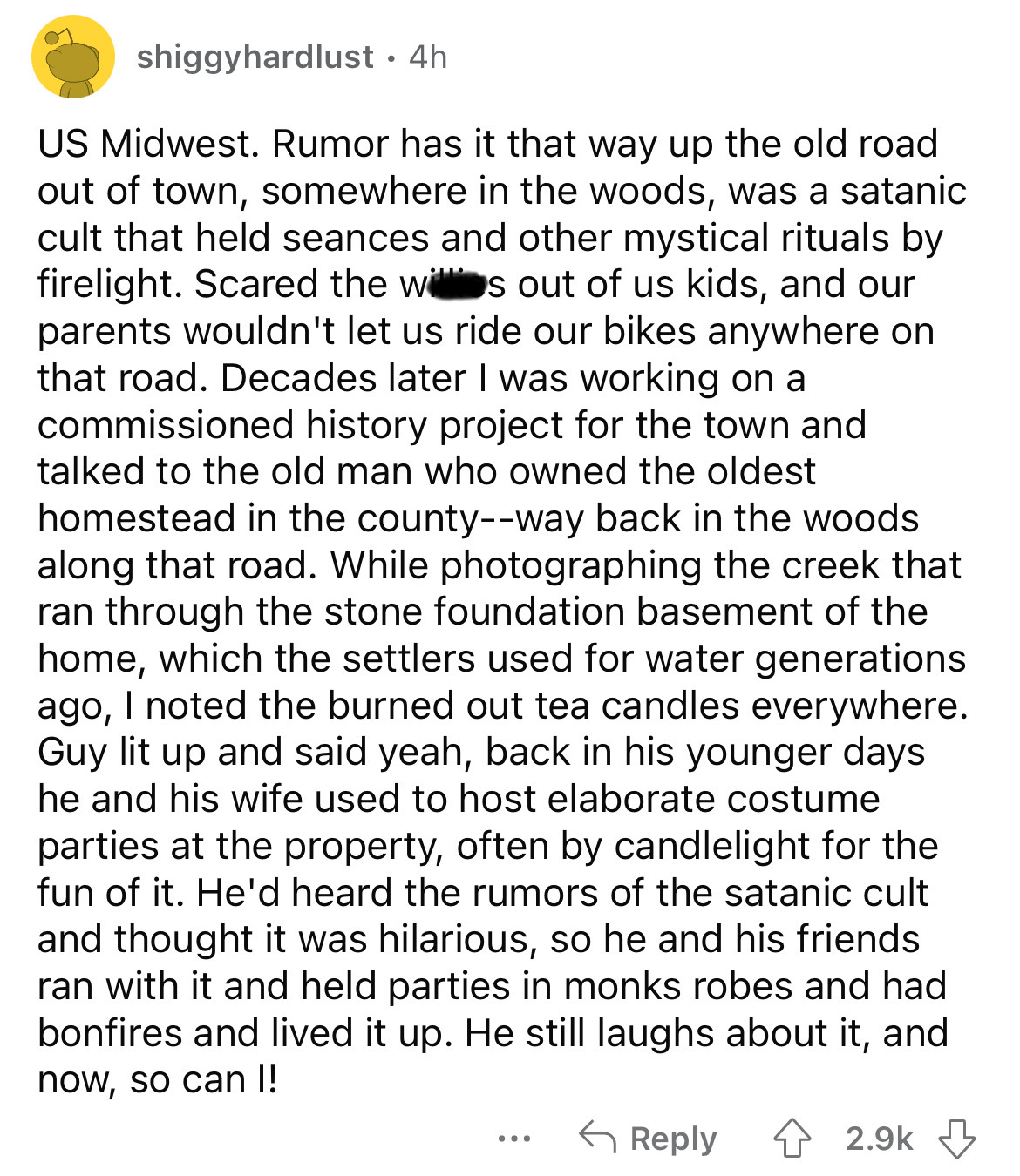 document - shiggyhardlust 4h Us Midwest. Rumor has it that way up the old road out of town, somewhere in the woods, was a satanic cult that held seances and other mystical rituals by firelight. Scared the wis out of us kids, and our parents wouldn't let u