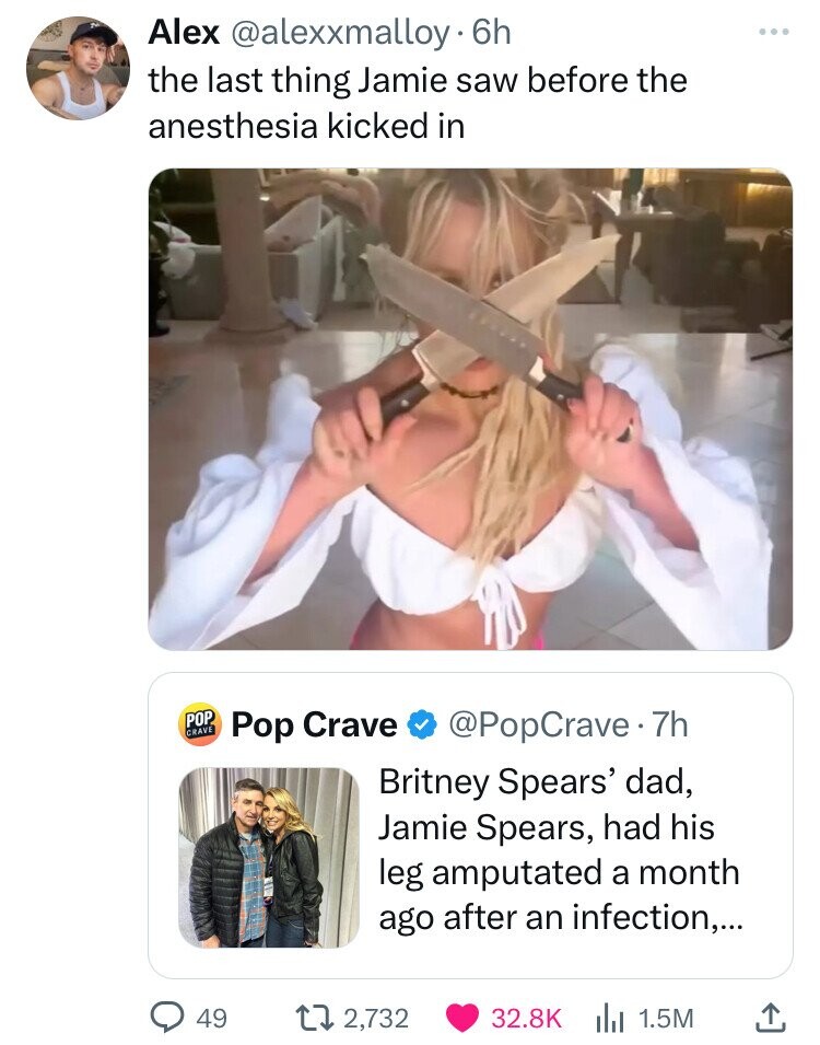 shoulder - Alex . 6h the last thing Jamie saw before the anesthesia kicked in Pop Crave 49 Pop Crave .7h Britney Spears' dad, Jamie Spears, had his leg amputated a month ago after an infection,... 2,732 1.5M