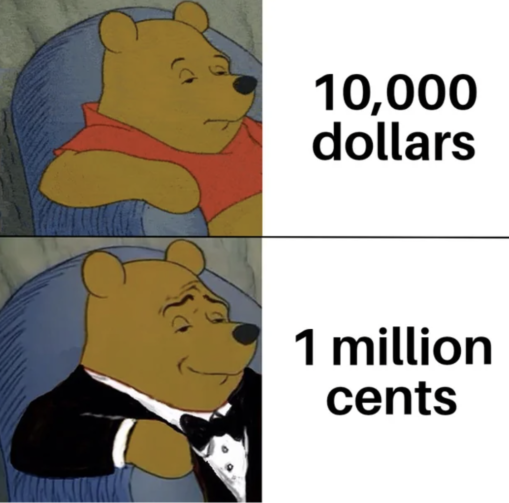 cartoon - 10,000 dollars 1 million cents