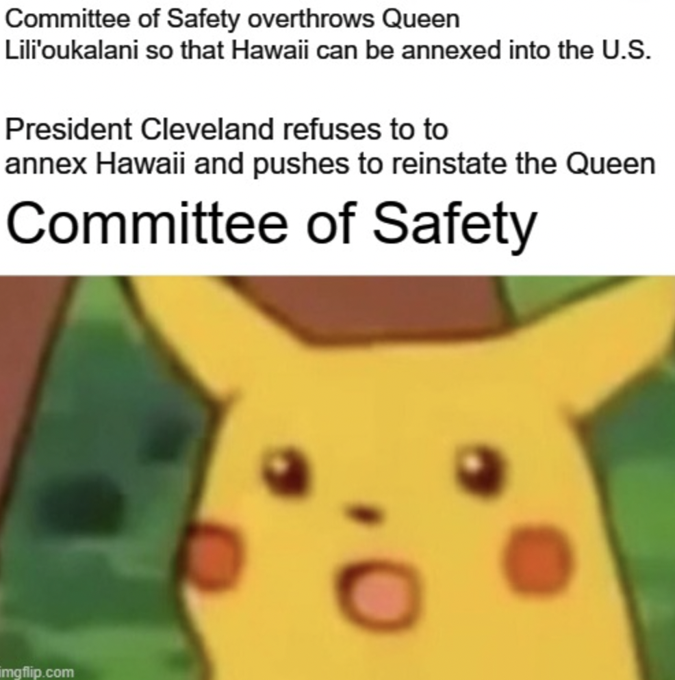 internet service provider meme - Committee of Safety overthrows Queen Lili'oukalani so that Hawaii can be annexed into the U.S. President Cleveland refuses to to annex Hawaii and pushes to reinstate the Queen Committee of Safety imgflip.com