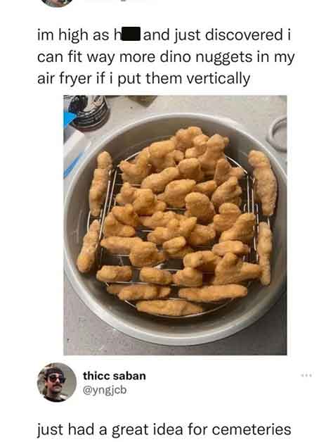 dinosaur nuggets meme - im high as hand just discovered i can fit way more dino nuggets in my air fryer if i put them vertically thicc saban just had a great idea for cemeteries
