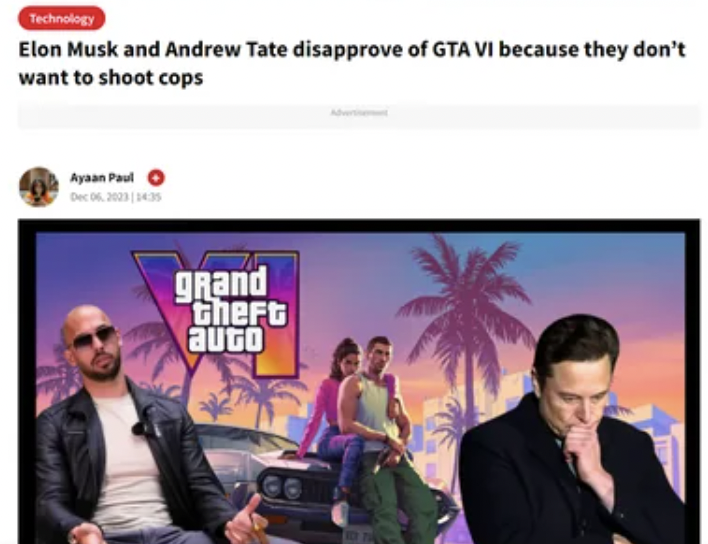gta online - Technology Elon Musk and Andrew Tate disapprove of Gta Vi because they don't want to shoot cops Ayaan Paul grand theft auto