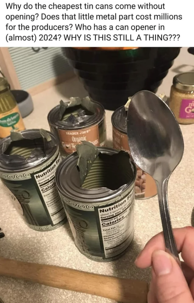 shoe - Why do the cheapest tin cans come without opening? Does that little metal part cost millions for the producers? Who has a can opener in almost 2024? Why Is This Still A Thing??? Nutrition Safor Organik Nutrition Catert