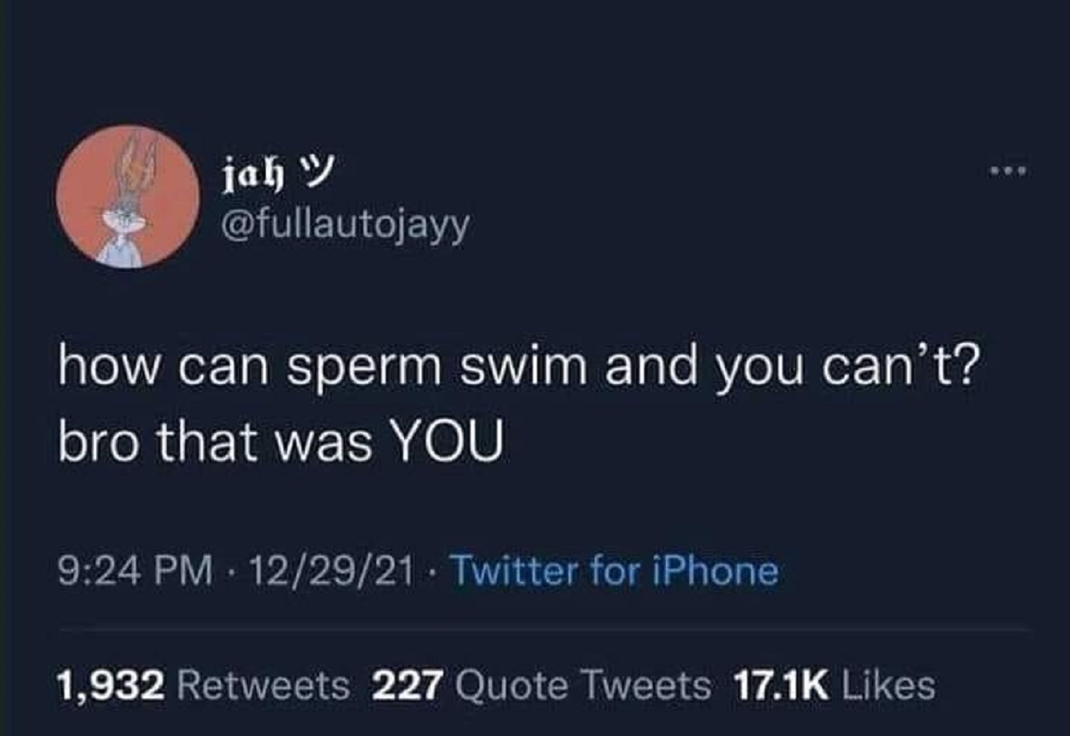 spicy memes - nice argument unfortunately yo mama - jah how can sperm swim and you can't? bro that was You 122921 Twitter for iPhone 1,932 227 Quote Tweets www