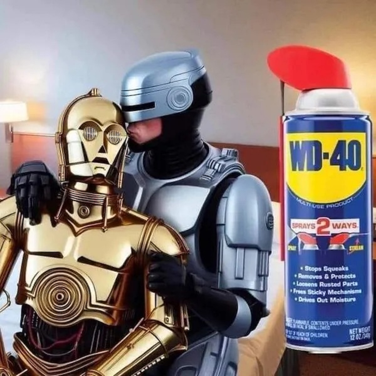 spicy memes - robocop c3po - Preterar Wd40 Luse Sprays Play Ways Stops Squeaks Removes & Protects Loosens Rusted Parts Frees Sticky Mechanisms Drives Out Moisture A Contents Under Pressure Rea Of Children Ssx Net Weight 12 07340