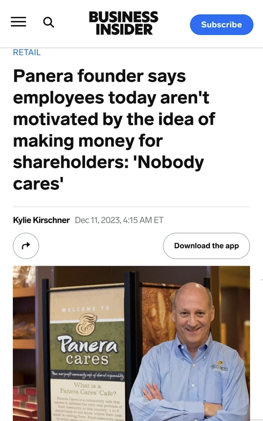 media - Q Retail Business Insider Panera founder says employees today aren't motivated by the idea of making money for holders 'Nobody cares' Kylie Kirschner , Et Subscribe Panera cares ne ser profi samanty cap af dan padly Pt Cares Cade Download the app
