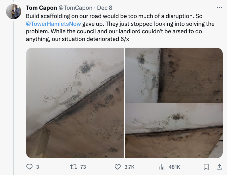 angle - Tom Capon . Dec 8 Build scaffolding on our road would be too much of a disruption. So HamletsNow gave up. They just stopped looking into solving the problem. While the council and our landlord couldn't be arsed to do anything, our situation deteri